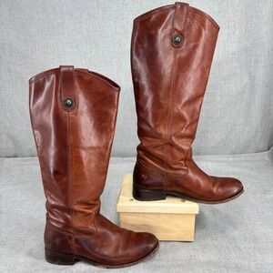 Frye Melissa‎ Button Riding Boots Brown Leather Tall Boots Pull On Women's 5.5